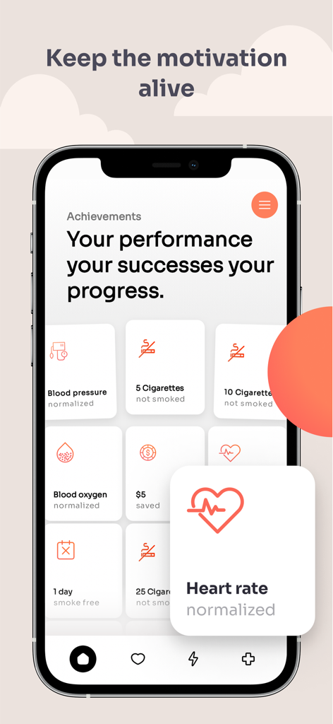 Flamy app achievements screen tracking health recovery and money saved from not smoking