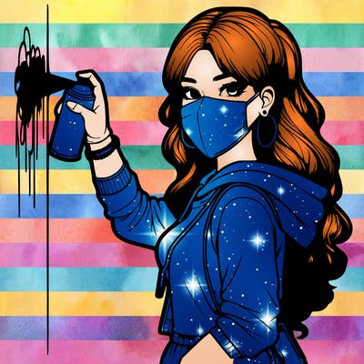 realistic girl with mask spray painting a wall