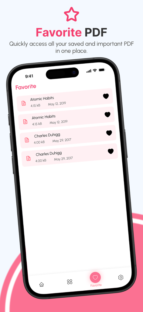 PDFリーダーAIアプリの「お気に入りPDF」機能が表示されたスマートフォン。ハートアイコン付きの保存済みドキュメントのリストが表示されています。