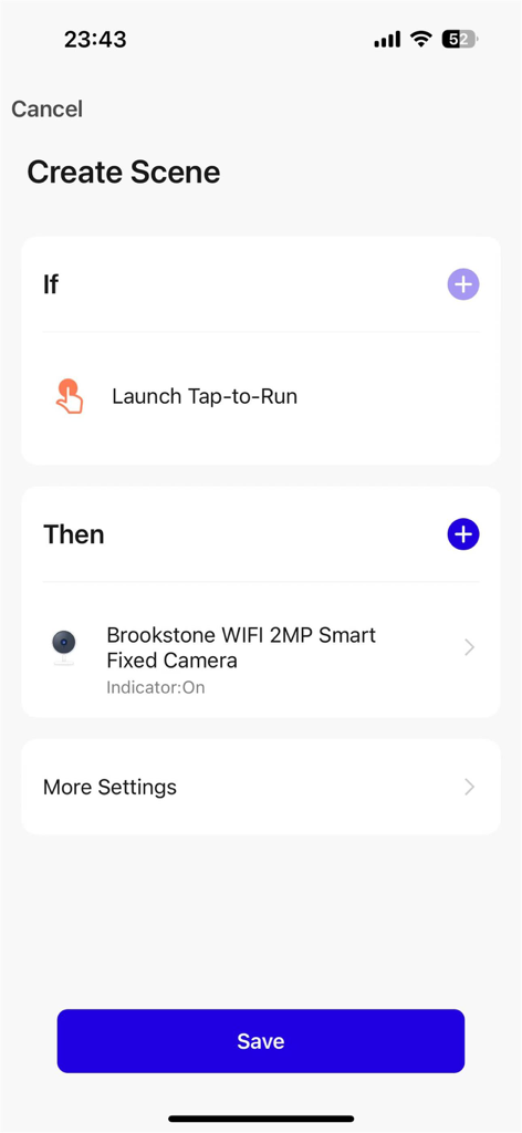 Brookstone - Interface for creating a smart home scene in the Brookstone app with automation logic for a WiFi camera