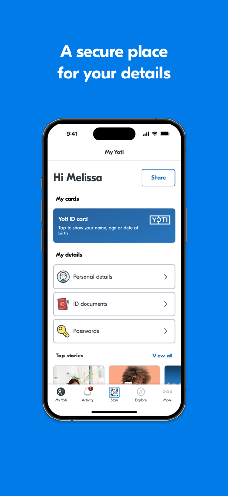 Yoti - Your digital identity - Tableau de bord principal de l'application Yoti affichant des sections pour les informations personnelles, les documents d'identité et les mots de passe, sous un profil d'identité numérique sécurisé.