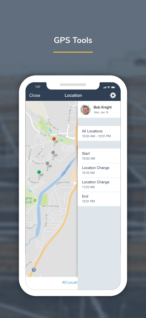 Busybusy app screen showing a map with employee GPS tracking locations and a timeline of movements.