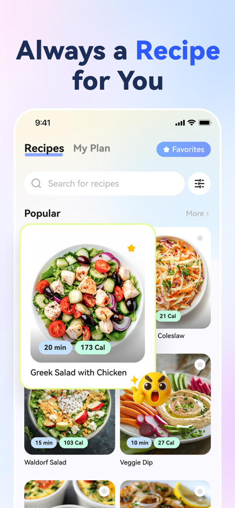 AI Calorie Counter - Appediet - La pantalla de recetas de la aplicación Appediet con opciones populares de comidas saludables con calorías y tiempo de preparación.