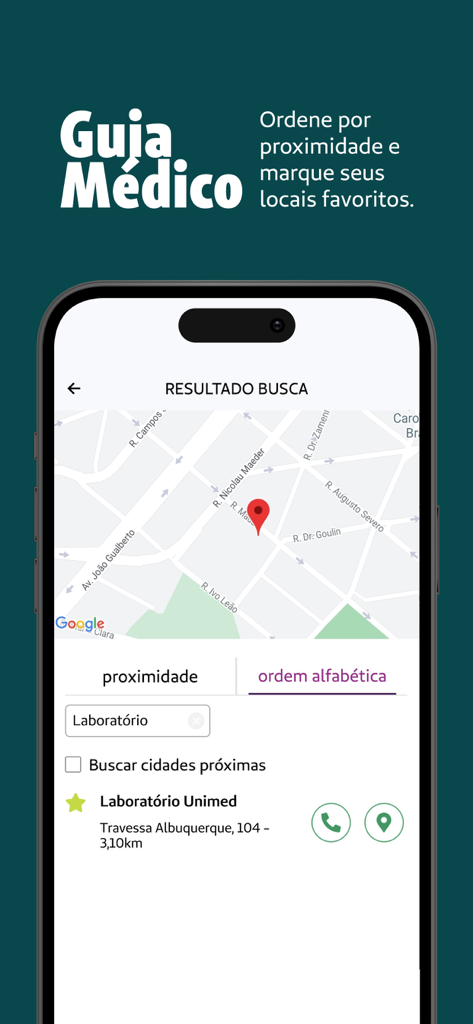 Unimed SP - Clientes - Interface of the Unimed SP app showing a medical guide map with laboratory search results.