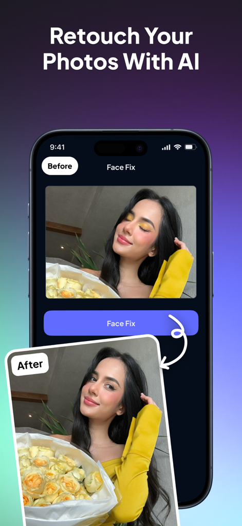 AI Photo Generator: FaceOff - Comparación de antes y después de un retrato mejorado con la función de Corrección de Foto IA de FaceOff.