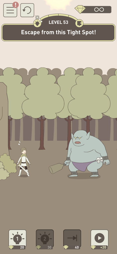 IQ Dungeon 2: Inherited Light - A small knight character facing a large ogre in a forest environment on level 53 of the IQ Dungeon 2 mobile game.