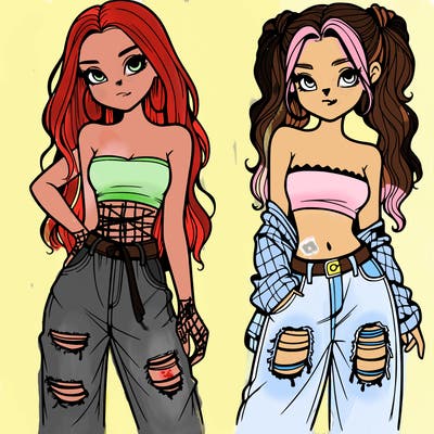 2 girls in crop tops and baggy jeans ripped