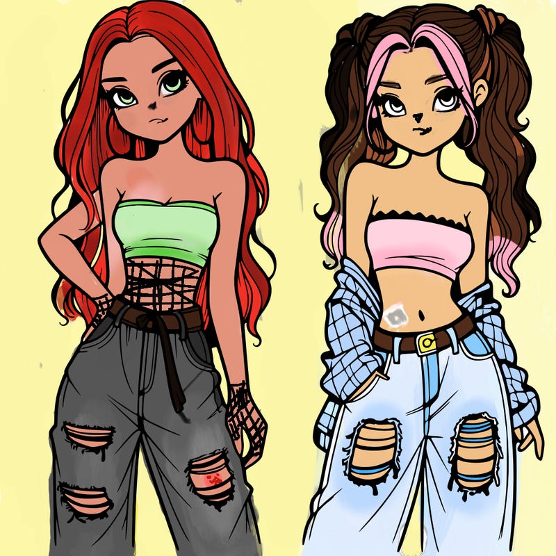 2 girls in crop tops and baggy jeans ripped