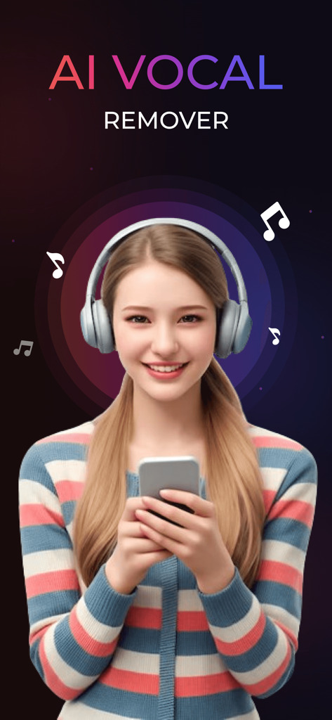 Junge Frau mit Kopfhörern benutzt die AI Vocal Remover App auf ihrem Smartphone