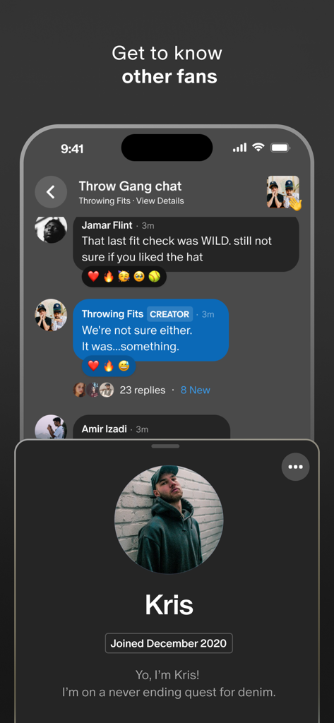 Patreon - Patreon app interface showing a group chat and a fan profile