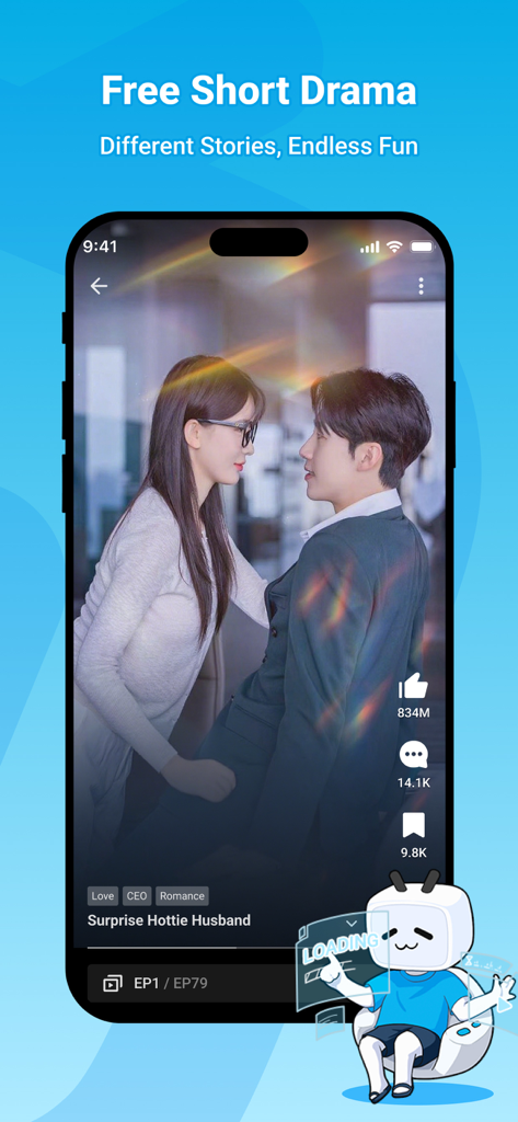Ein mobiler Screenshot aus der BiliBili App, der ein kostenloses Kurz-Drama mit dem Titel Surprise Hottie Husband mit den Tags Romance und CEO bewirbt.