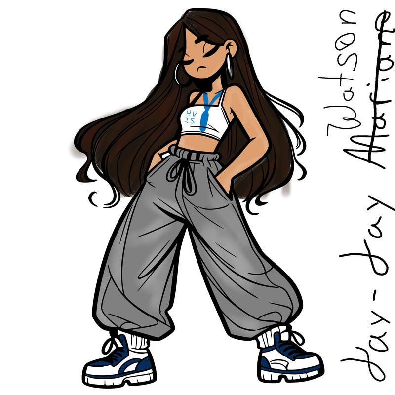 girl in baggy pants crop top and long hair