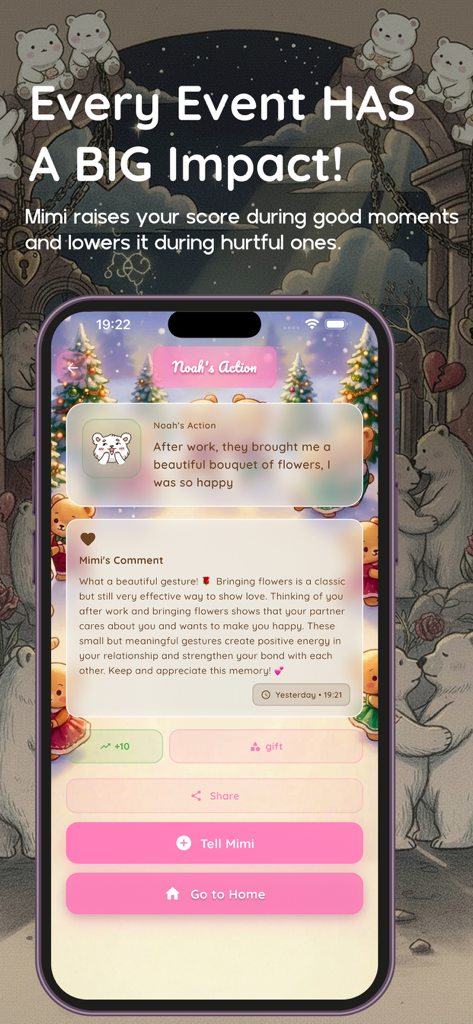 My Love Score: Love Tracker - A screenshot of the My Love Score app showing a recorded positive action with a score of plus ten and a comment from Mimi.