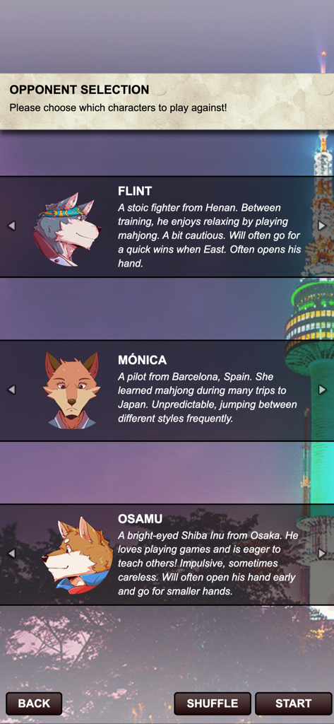 Opponent selection screen in Kemono Mahjong featuring anthropomorphic animal characters Flint, Monica, and Osamu.