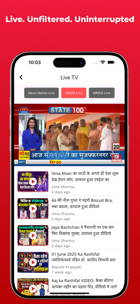 News Nation TV - News Nation TV app interface showing a live Hindi news stream and a list of trending video stories