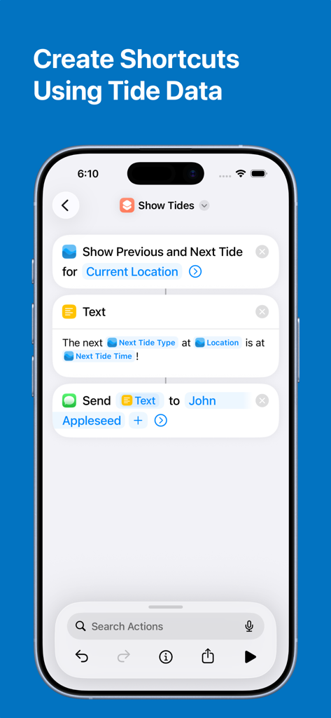 Tides - high and low tide info - Pantalla de iPhone que muestra la integración de datos de mareas con Accesos Directos de Siri