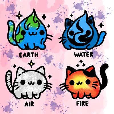 4 cats that represent the different elements, earth, water, air, and fire