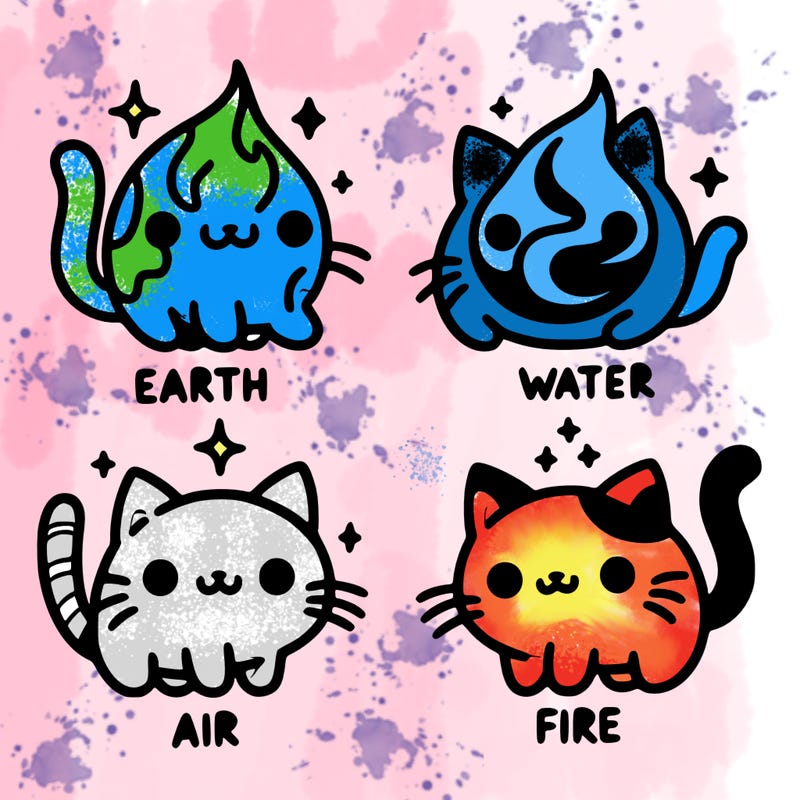 4 cats that represent the different elements, earth, water, air, and fire