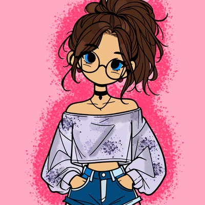 girl with a messy ponytail glasses a baggy crop top and jean shorts