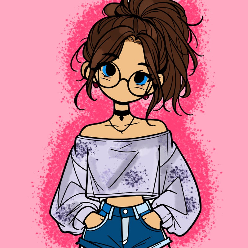 girl with a messy ponytail glasses a baggy crop top and jean shorts