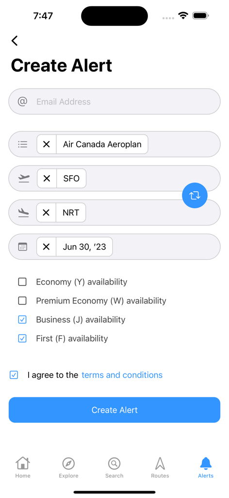 Oberfläche zum Erstellen einer Prämienflugbenachrichtigung für Business- und First-Class-Sitze.