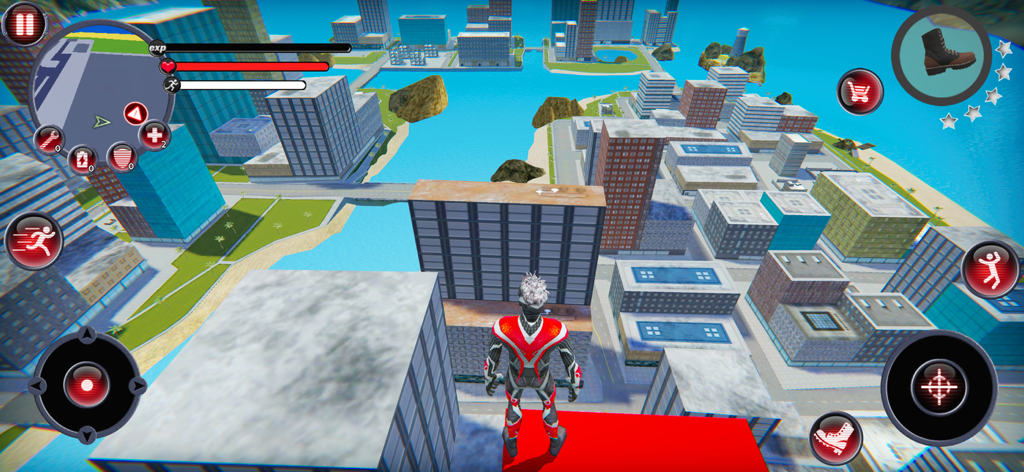Superhero character standing on a skyscraper overlooking a vast 3D city in Rope Hero 2