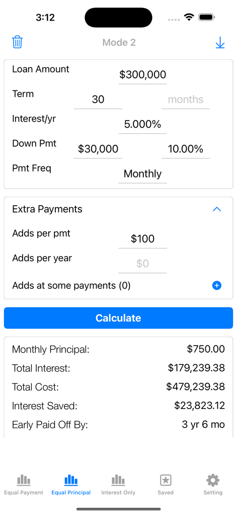 Loan Calculator - Home Payment - Interface do aplicativo Calculadora de Empréstimo mostrando detalhes do financiamento e economia de juros com pagamentos mensais extras.