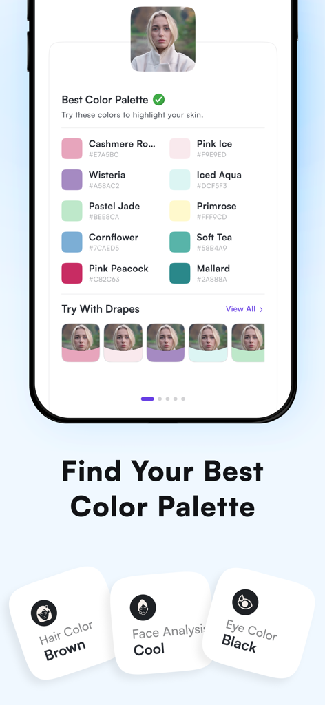 Interface of Color Analysis StyleIt AI app showing a personalized color palette with virtual draping and facial feature analysis results.
