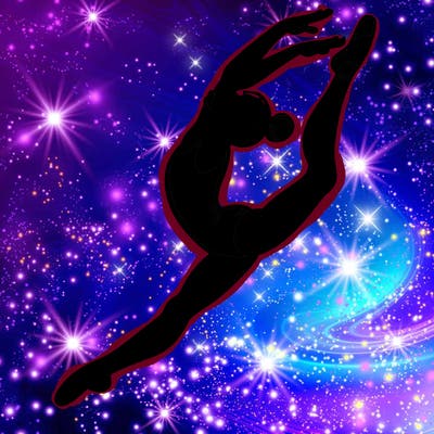 gymnast doing a leap in a leotard with a bent back leg