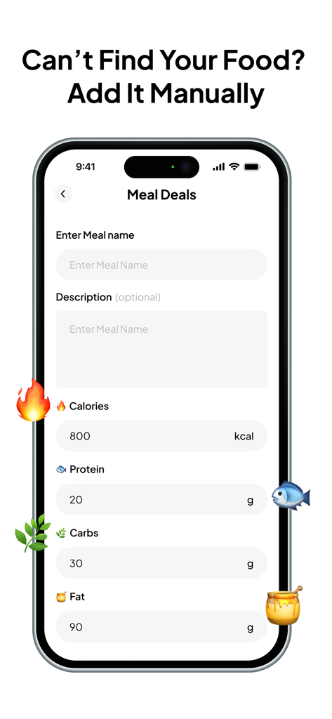 Manual meal logging screen in Cal AI calorie tracker showing fields for name calories and macros