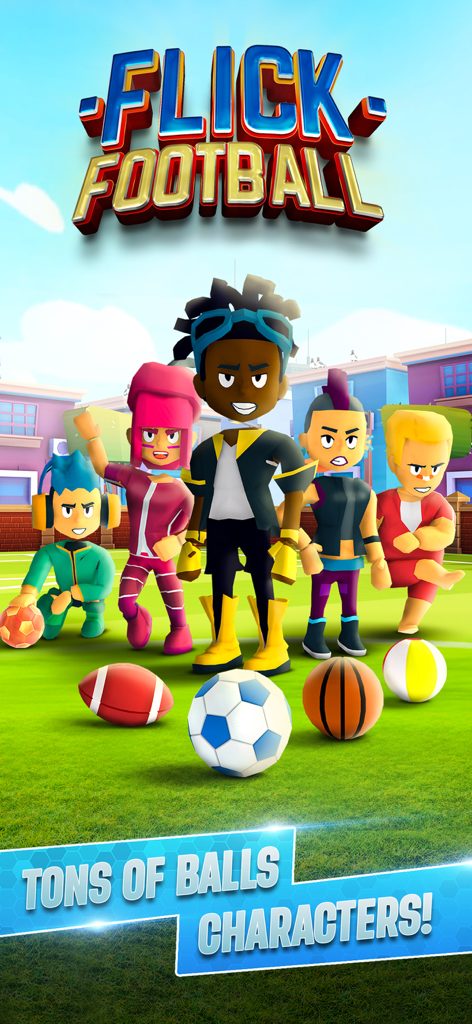 Soccer Star - Flick Football - 5人の様式化された漫画キャラクターが、サッカーボール、バスケットボール、アメリカンフットボールボールと共に芝生の上に立っている