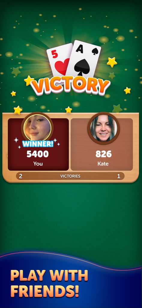 Écran de victoire de l'application Farkle Cards montrant un score gagnant contre un ami dans un match multijoueur.