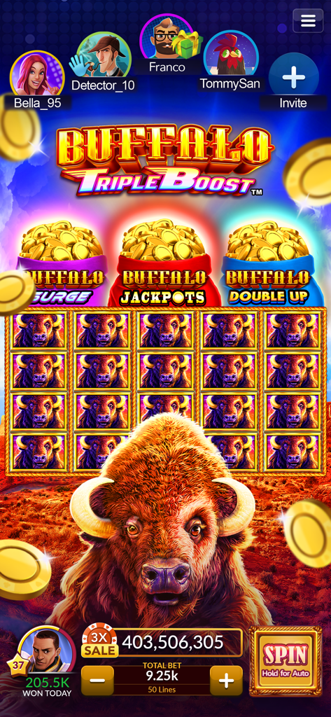 Big Fish Casino: Slots Games - Pantalla de juego de la máquina tragaperras Buffalo Triple Boost en Big Fish Casino con avatares de jugadores sociales y un gran gráfico de búfalo.