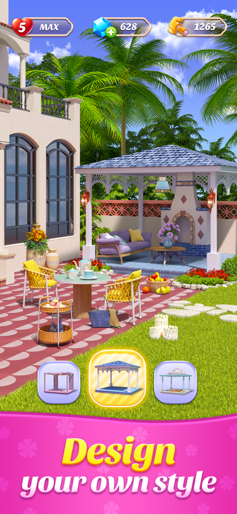 Decor Master:Villa - A screenshot of a luxury villa garden renovation with gazebo design options
