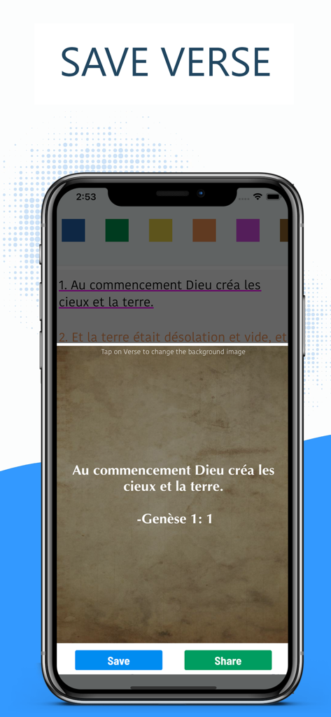 La Bible Palore Vivante - La Bible Parole Vivanteアプリのインターフェース。創世記1章1節のフランス語の共有可能な聖句画像の作成が表示されています。