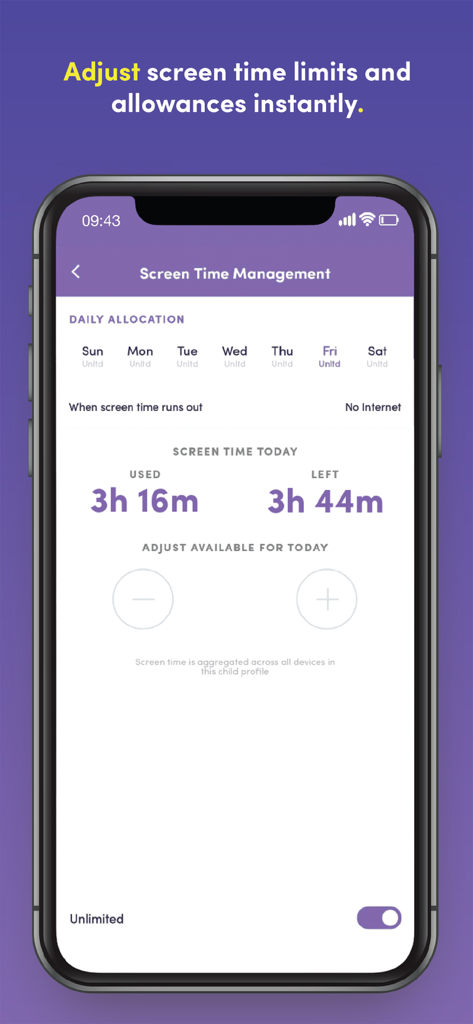Interface of the Net Nanny app showing screen time limits and daily allocation for a child