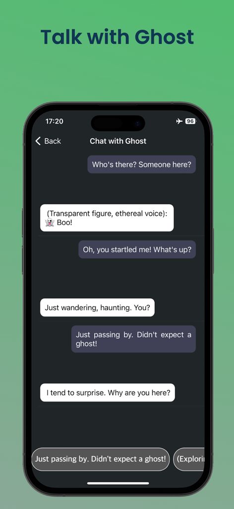Ghost Detector - Camera Radar. - Uma tela de aplicativo móvel mostrando uma interface de chat simulada onde um usuário está conversando com um fantasma