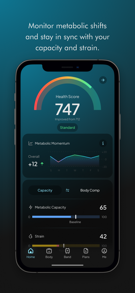 Pantalla de inicio de la aplicación Hume Health que muestra una puntuación de salud metabólica y datos de tensión diaria
