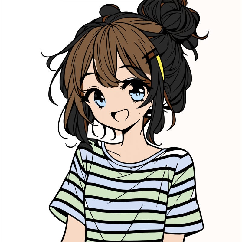 anime girl teenager striped shirt and smile and messy bun