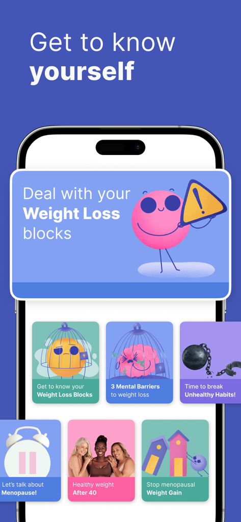 Omo app interface featuring weight loss psychology courses, mental barrier modules, and health guides for women over 40