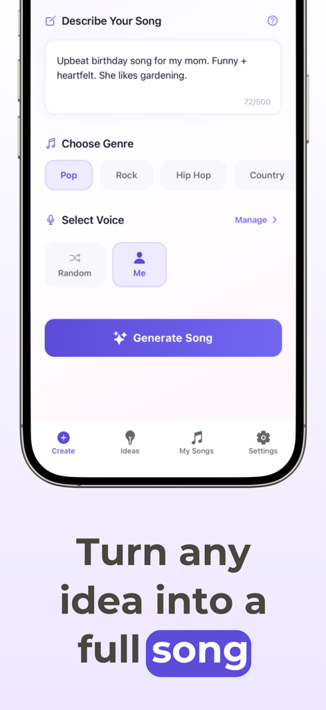 Interface of the AI Singer app for generating personalized songs using voice cloning