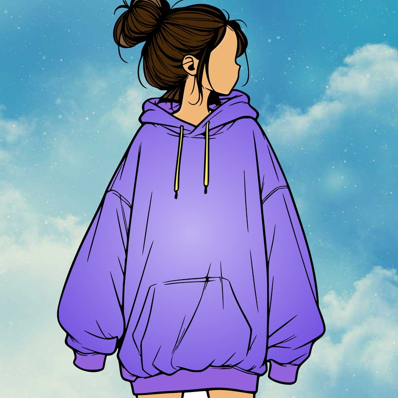 realistic girl with a oversized sweatshirt on and a bun