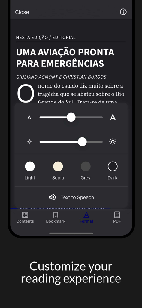 AERO Revista - A screen in the AERO Revista app showing options to customize the reading experience including font size brightness and color themes
