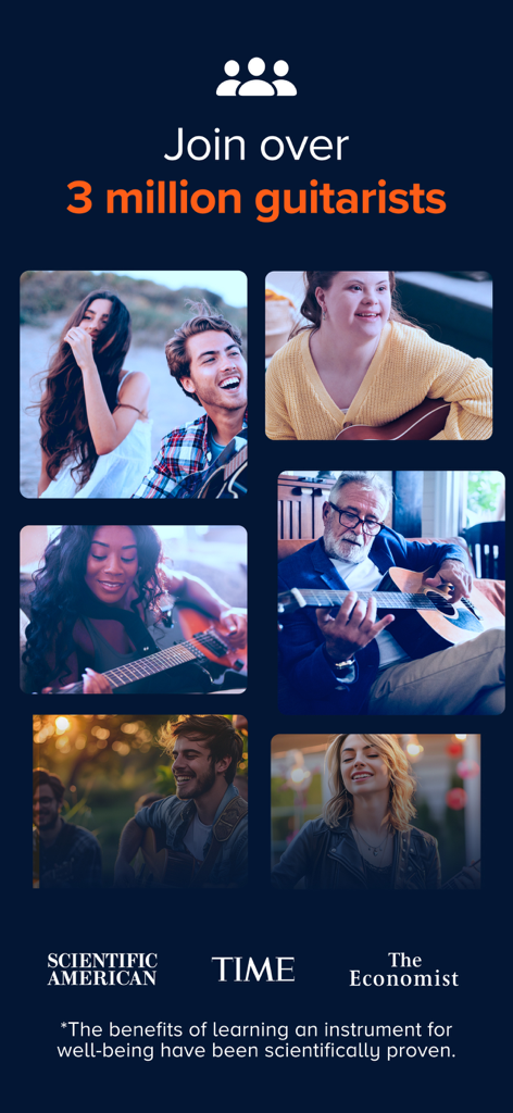 A collage of diverse people of different ages and backgrounds playing guitar with the text Join over 3 million guitarists.