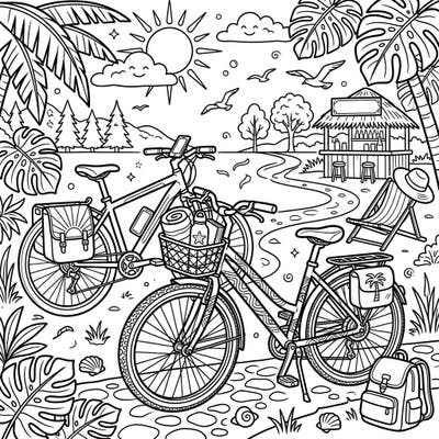 Embark on a vibrant summer journey with this engaging coloring page featuring two dynamic hybrid bikes. Dive into a scene brimming with sunny vacation vibes, lush tropical plants, and hints of outdoor adventure.