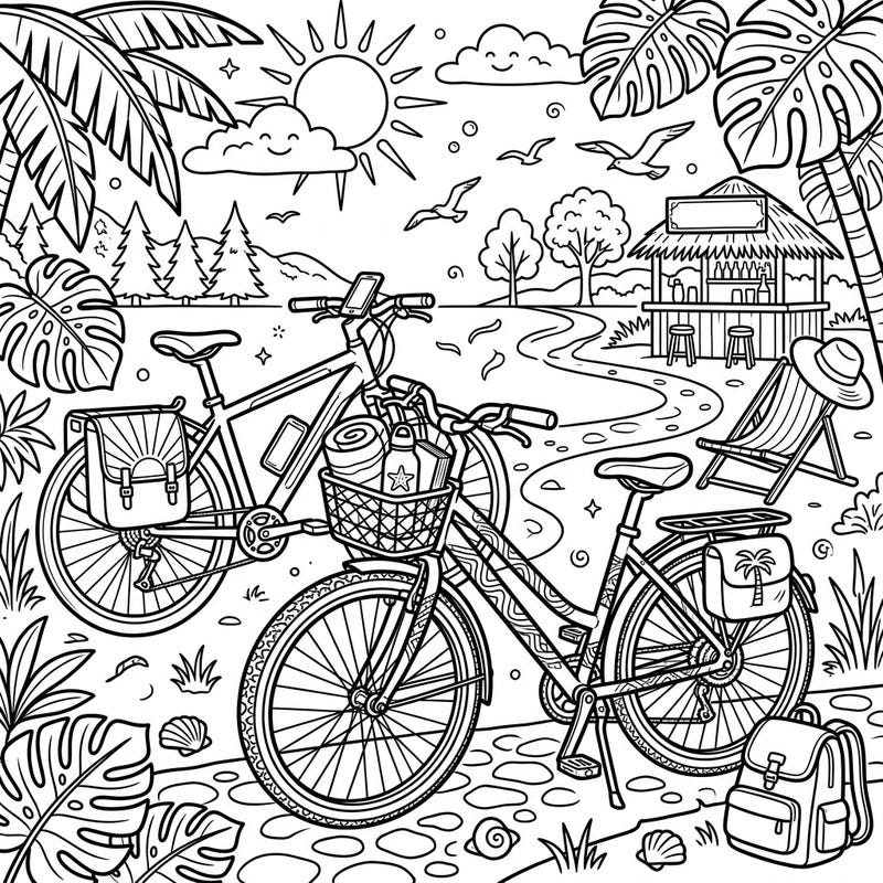 Embark on a vibrant summer journey with this engaging coloring page featuring two dynamic hybrid bikes. Dive into a scene brimming with sunny vacation vibes, lush tropical plants, and hints of outdoor adventure.