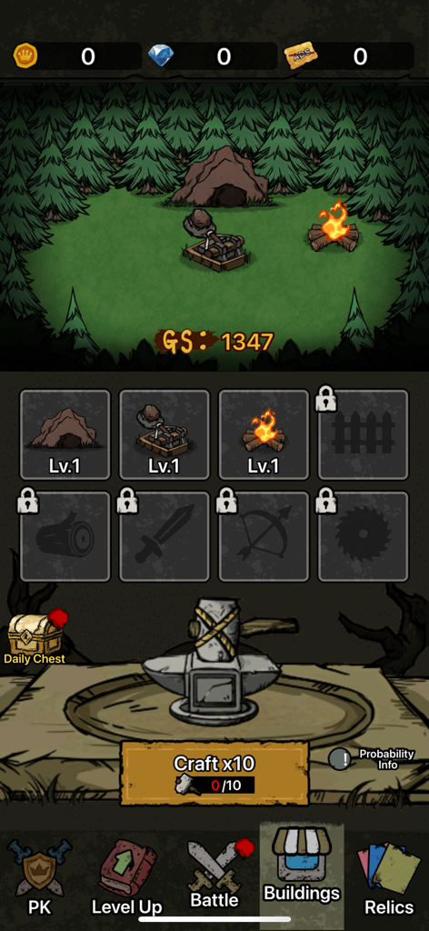 Wood Siege - Wood Siegeのモバイルゲーム画面。サバイバル構造物と金床を備えた建築とクラフトのインターフェースが表示されている。