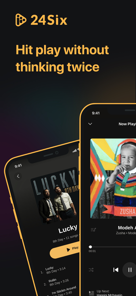 24Six app interface displaying kosher music streaming and the tagline Hit play without thinking twice