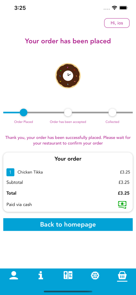 Order confirmation screen in the Purple Flamez app displaying order details and a status progress bar