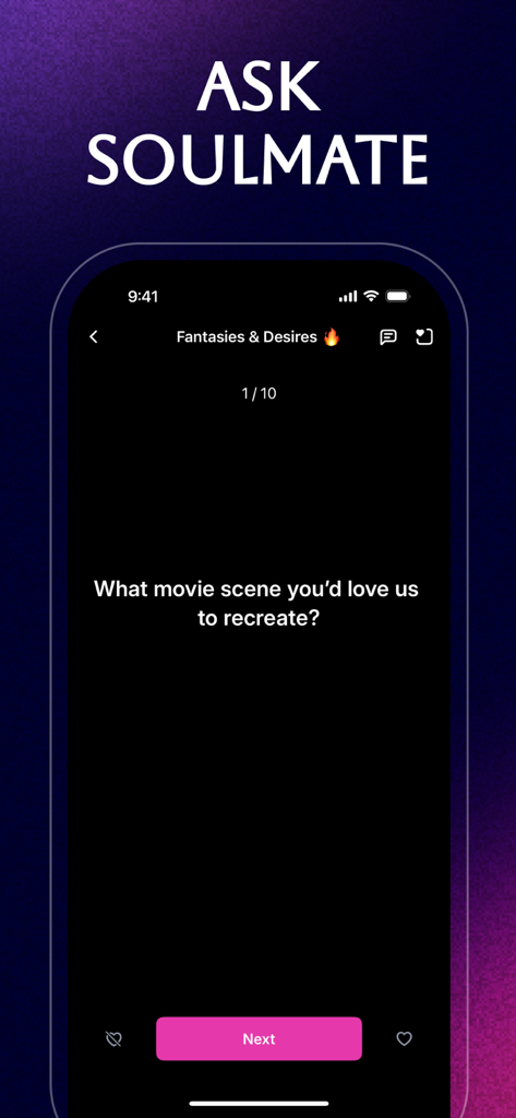 Spice It: Couple Games - Pantalla de aplicación móvil que muestra una pregunta de relación para parejas para fomentar la intimidad.